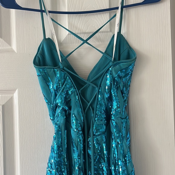 LULUS PROM DRESS - Sparkle 'til Dawn Teal Blue Sequin Lace-Up Mermaid Maxi Dress - Picture 8 of 11